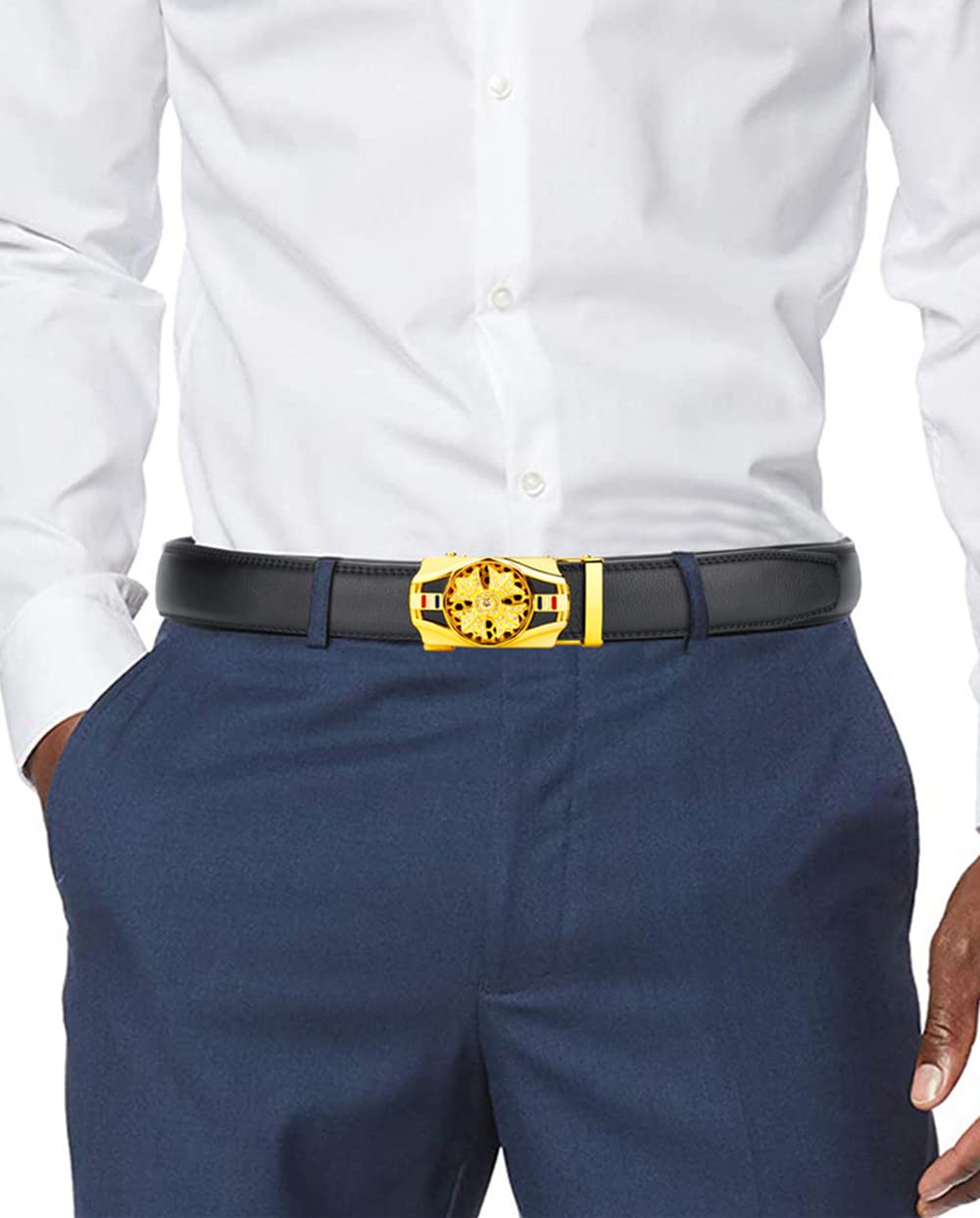 ZHJH Men's Belt Automatic Ratchet Buckle PU Leather Toothless High Quality Belt Leather Buckle Casual Business Jeans Belt Wide Belt Men's Fashion Accessories