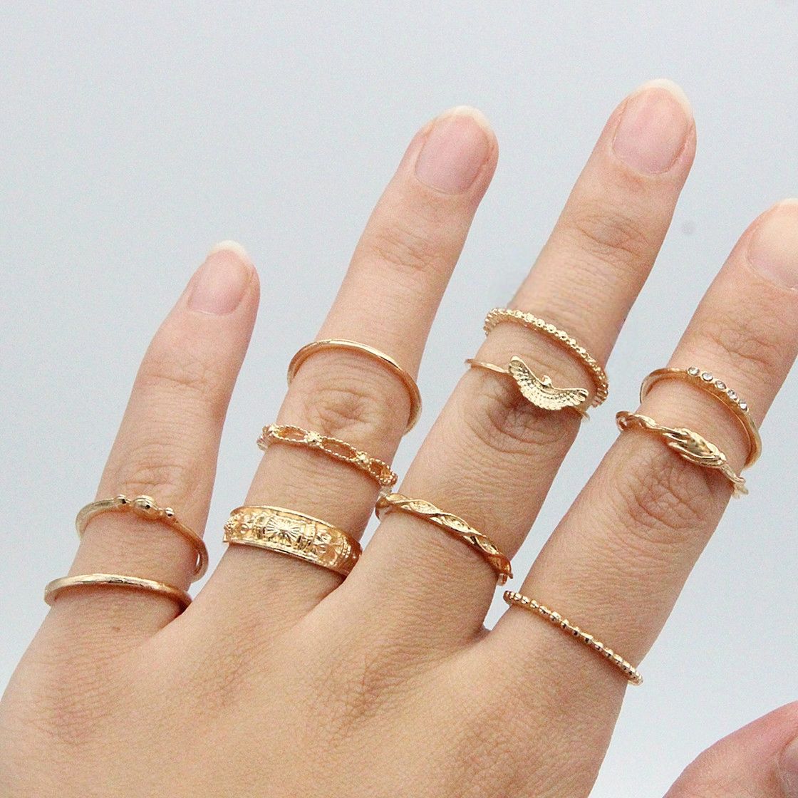11PCS Ring Charm Gold Women's Ring Diamond Geometric Ring Retro Party Ring Punk Jewelry Gift Versatile For Daily Wear Or Photography Props And Gifts