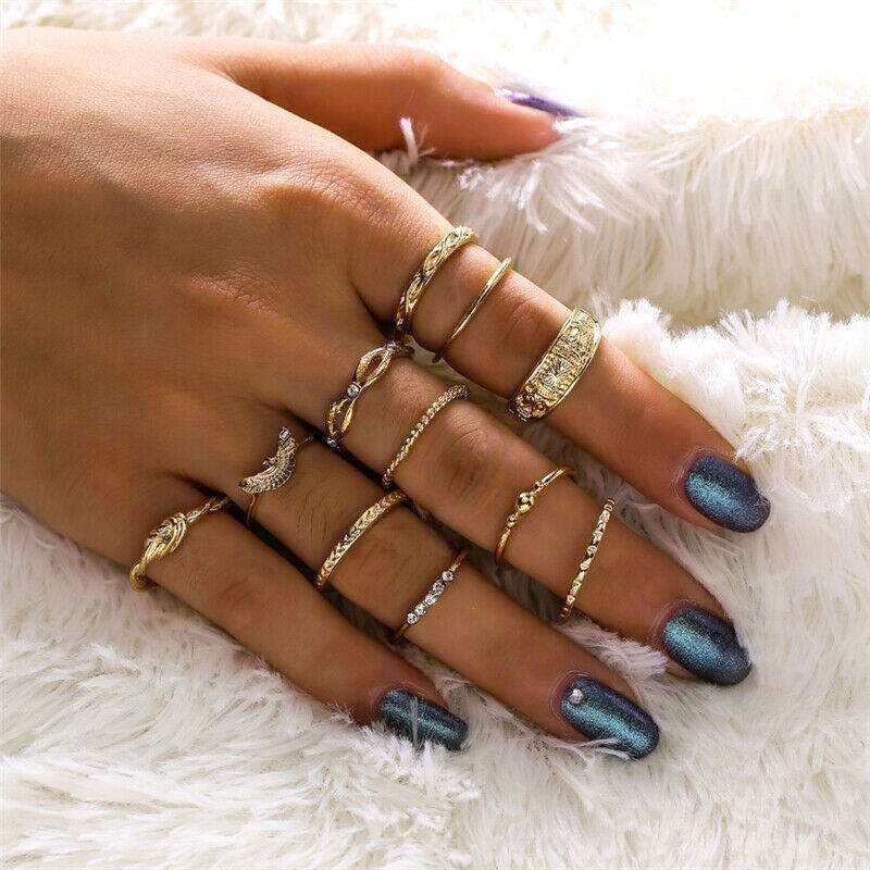 11PCS Ring Charm Gold Women's Ring Diamond Geometric Ring Retro Party Ring Punk Jewelry Gift Versatile For Daily Wear Or Photography Props And Gifts