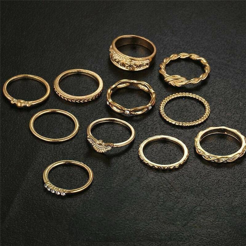 11PCS Ring Charm Gold Women's Ring Diamond Geometric Ring Retro Party Ring Punk Jewelry Gift Versatile For Daily Wear Or Photography Props And Gifts