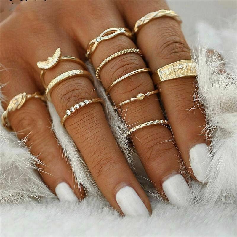11PCS Ring Charm Gold Women's Ring Diamond Geometric Ring Retro Party Ring Punk Jewelry Gift Versatile For Daily Wear Or Photography Props And Gifts