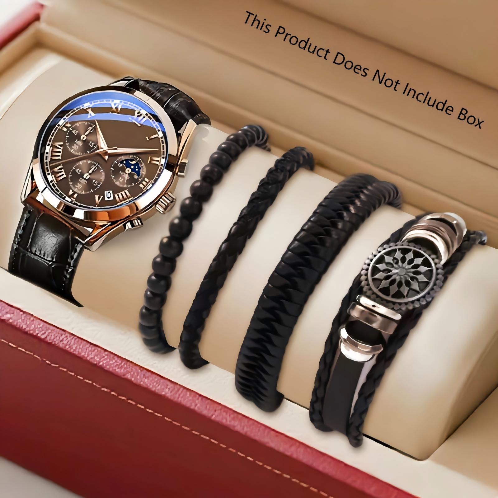 5PCS Men's Watch Set Men's Watch And 4PCS Bracelet Calendar Sports Business Quartz Steel Strip Watch Men's Sports Watch Men's Wrist Watch Three Eyelid Strap Watch Bracelet Set For Daily Wear