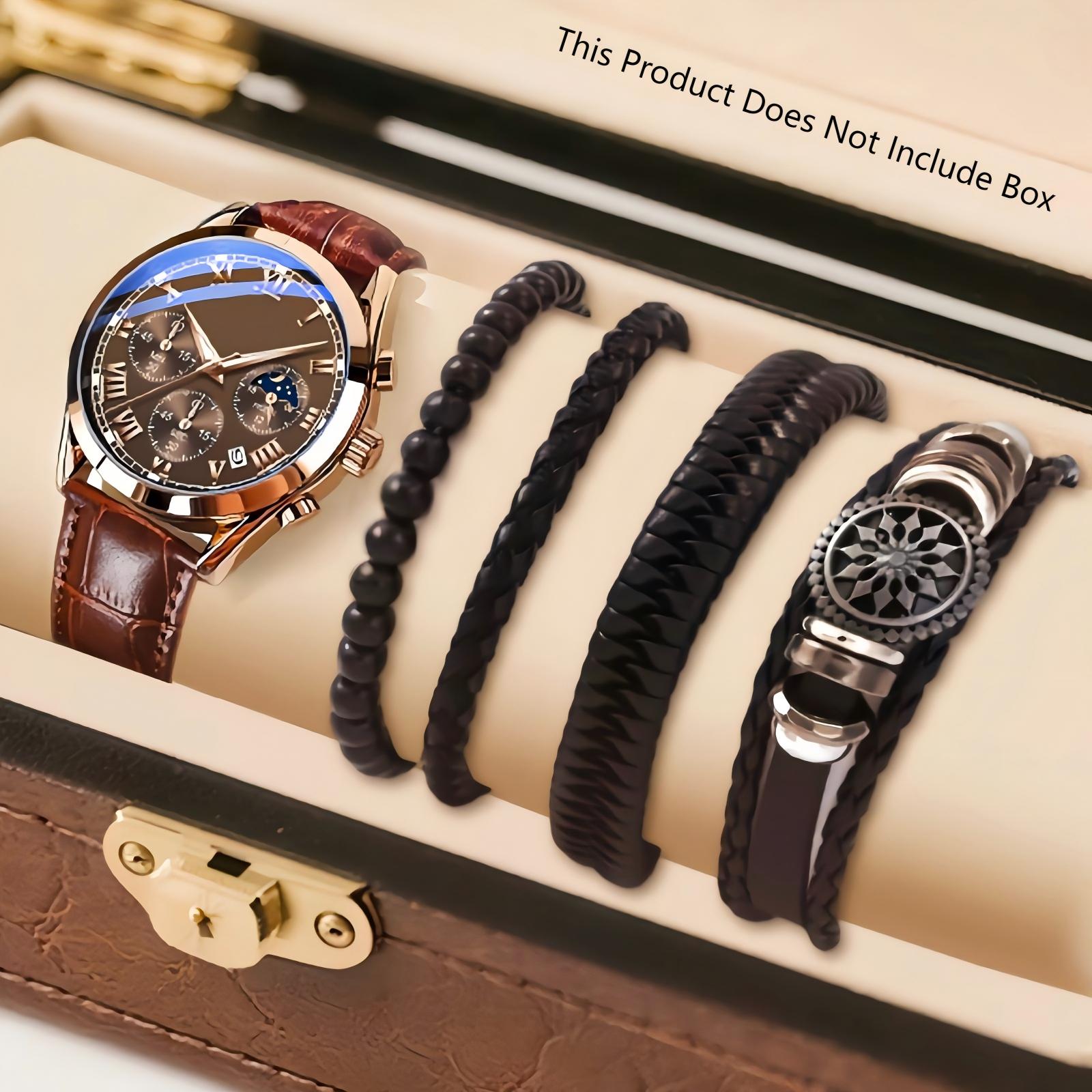 5PCS Men's Watch Set Men's Watch And 4PCS Bracelet Calendar Sports Business Quartz Steel Strip Watch Men's Sports Watch Men's Wrist Watch Three Eyelid Strap Watch Bracelet Set For Daily Wear