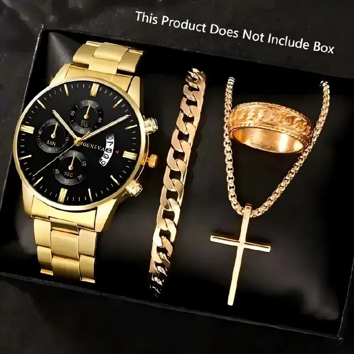 4PCS Men's Watch Set ExquisiteTitanium Steel Thickened Chain Set Cuban Bracelet Snake Bone Necklace Ring Steel Belt Three Eye Quartz Watch Calendar Not Easy to Fade Daily Wear Leisure Watch