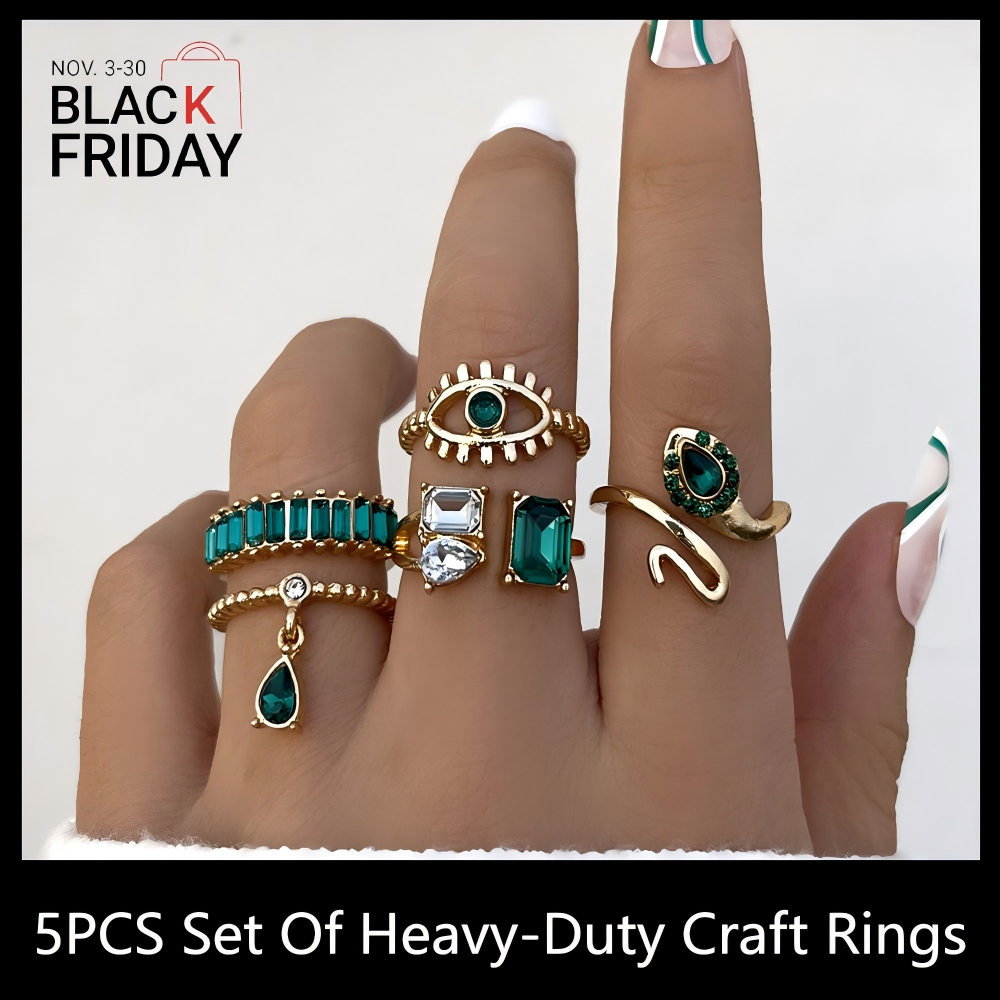 ZHJH 5PCS Rings Set Retro Imitation Gemstone Diamond Serpentine Water Drop Pendant Ring Creative Fashion Joint Ring Alloy Personalized Chain Open Ring Full Diamond Adjustable Any Size