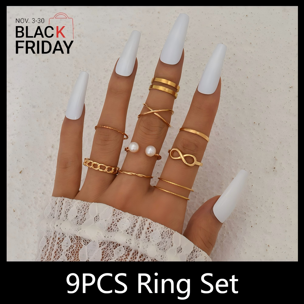 ZHJH 9PCS Ring Set Bohemian Style Inlaid Pearl Joint Ring 8-character Geometric Hollow Design Combination Ring Set Daily Wear Festival Set