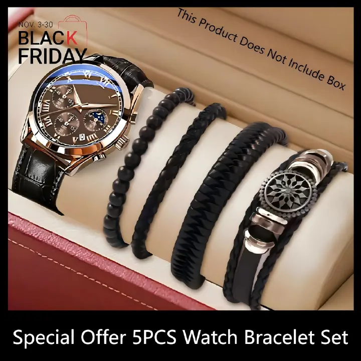 5PCS Men's Watch Set Men's Watch And 4PCS Bracelet Calendar Sports Business Quartz Steel Strip Watch Men's Sports Watch Men's Wrist Watch Three Eyelid Strap Watch Bracelet Set For Daily Wear