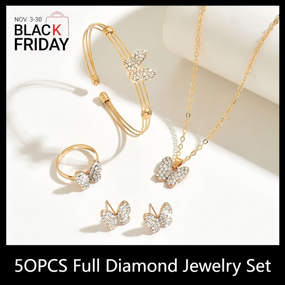 ZHJH Butterfly Jewelry Set for Women Ladies Diamond Love Heart Necklace Ring Bracelet Suit