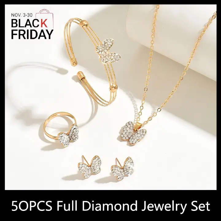 ZHJH Butterfly Jewelry Set for Women Ladies Diamond Love Heart Necklace Ring Bracelet Suit