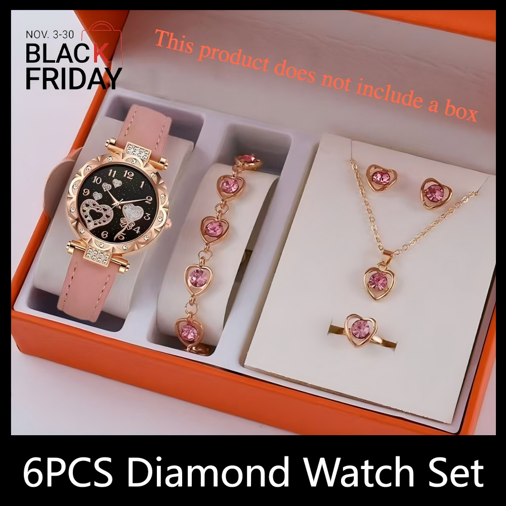 6PCS Ladies Watch Jewelry Set Watch Ring Necklace Earrings Bracelet Set Pink Crystal Waterproof Watch Set Wristwatch Ladies' Love Dial Quartz Watch Can Be Used As Romantic Gift Or Prop Shooting