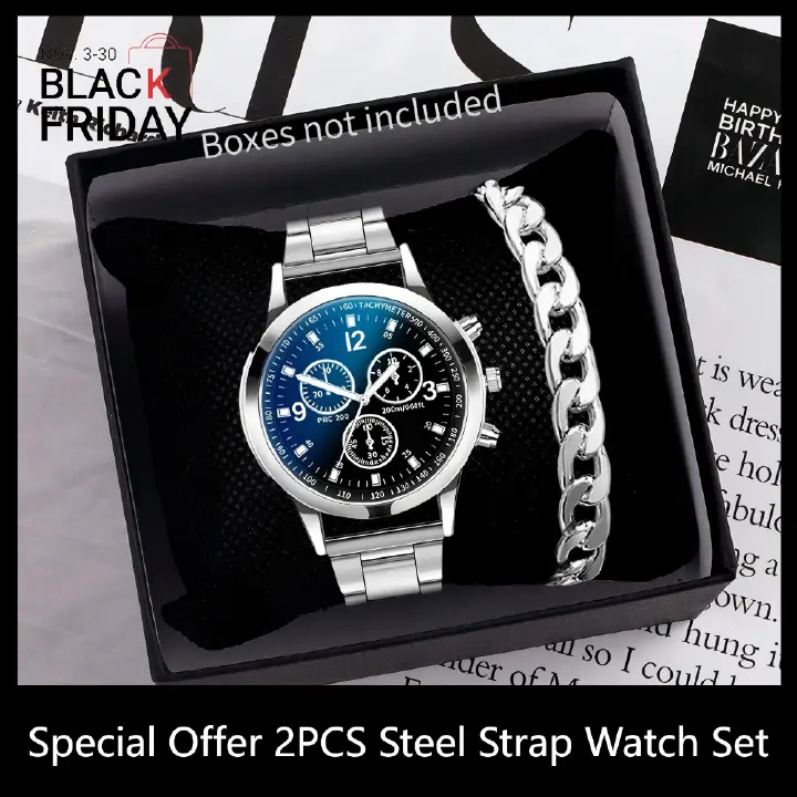 ZHJH Men's Large Dial Watch Metal Bracelet Set Men's Metal Strap Wristwatch Men's Quartz Watch Silver Watch Set