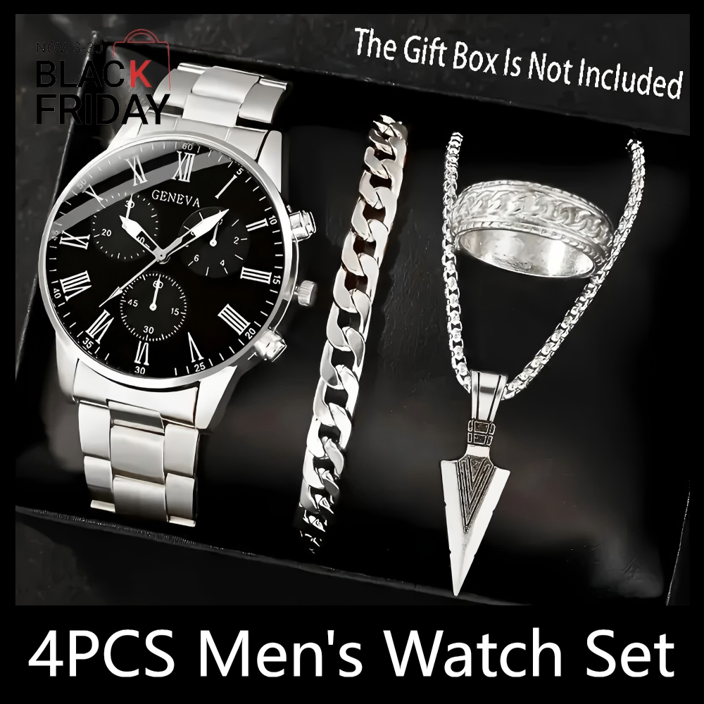 4PCS Men's Watch Set With Jewelry Steel Belt Cuban Bracelet Snake Bone Necklace Ring Steel Belt Men's Three Eye Quartz Watch Triangle Pendant Jewelry Set For Daily Wear Or As A Gift For Friends