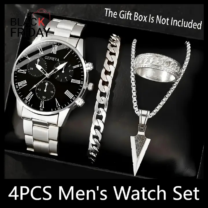 4PCS Men's Watch Set With Jewelry Steel Belt Cuban Bracelet Snake Bone Necklace Ring Steel Belt Men's Three Eye Quartz Watch Triangle Pendant Jewelry Set For Daily Wear Or As A Gift For Friends