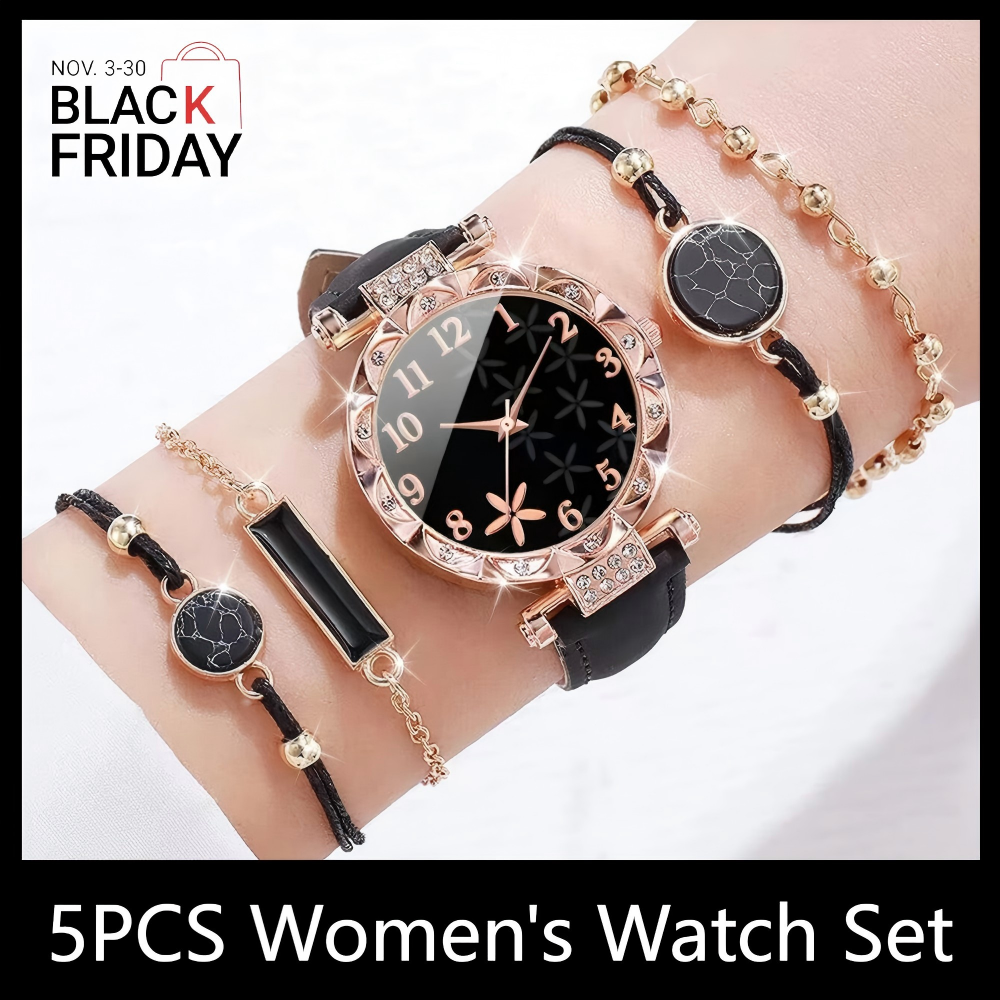 ZHJH 5Pcs Women's Watch Bracelet Set Women's Jewelry Set Women's Flower Belt Watch Women's Wristwatch Black