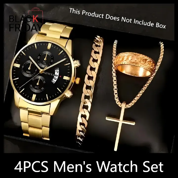 4PCS Men's Watch Set ExquisiteTitanium Steel Thickened Chain Set Cuban Bracelet Snake Bone Necklace Ring Steel Belt Three Eye Quartz Watch Calendar Not Easy to Fade Daily Wear Leisure Watch