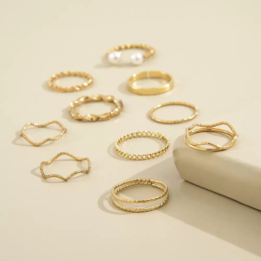 ZHJH 10PCS Ring Set Bohemian Style Inlaid Pearl Joint Ring 8-character Geometric Hollow Design Combination Ring Set Daily Wear Festival Set