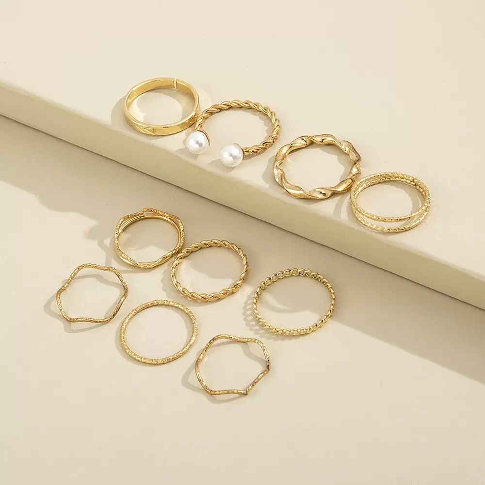 ZHJH 10PCS Ring Set Bohemian Style Inlaid Pearl Joint Ring 8-character Geometric Hollow Design Combination Ring Set Daily Wear Festival Set