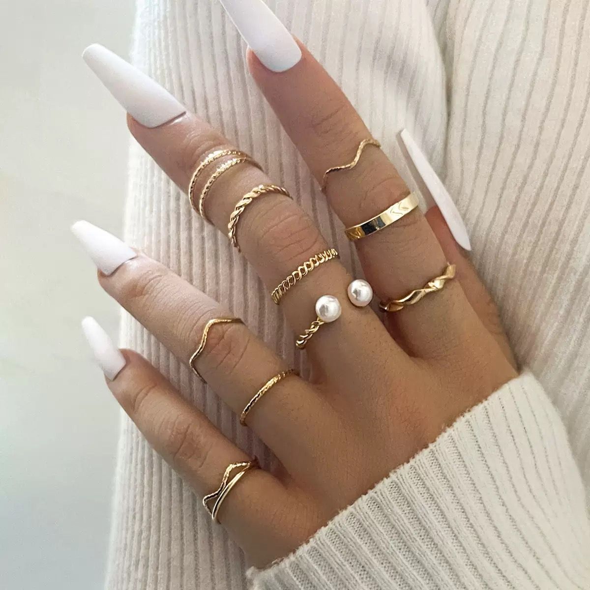 ZHJH 10PCS Ring Set Bohemian Style Inlaid Pearl Joint Ring 8-character Geometric Hollow Design Combination Ring Set Daily Wear Festival Set