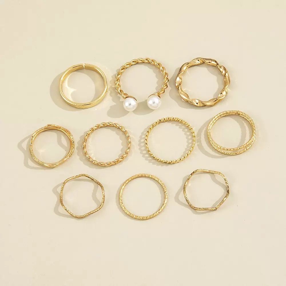 ZHJH 10PCS Ring Set Bohemian Style Inlaid Pearl Joint Ring 8-character Geometric Hollow Design Combination Ring Set Daily Wear Festival Set