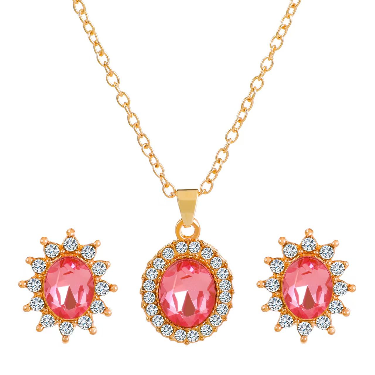 3PCS Women's Jewelry Set Pink Sun Crown Pendant Necklace Sun Crown Earrings Fashion Diamond Pendant Earrings Necklace Women's Daily Jewelry Gifts for Girlfriend