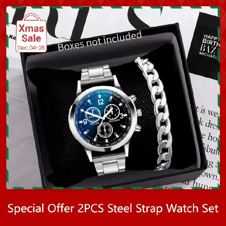 ZHJH Men's Large Dial Watch Metal Bracelet Set Men's Metal Strap Wristwatch Men's Quartz Watch Silver Watch Set