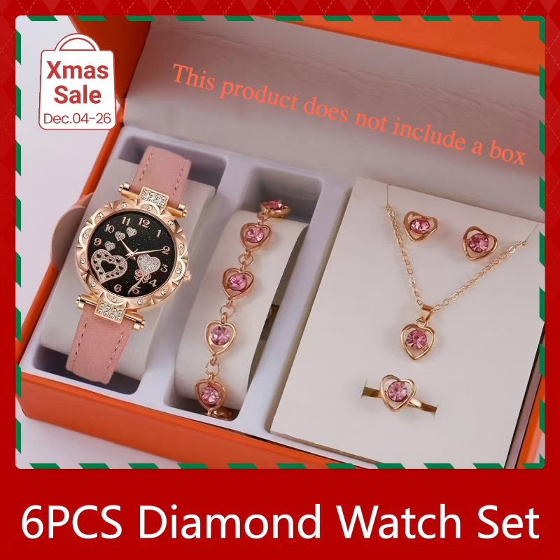 6PCS Ladies Watch Jewelry Set Watch Ring Necklace Earrings Bracelet Set Pink Crystal Waterproof Watch Set Wristwatch Ladies' Love Dial Quartz Watch Can Be Used As Romantic Gift Or Prop Shooting