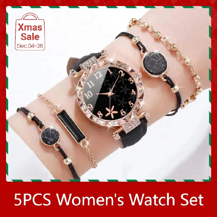 ZHJH 5Pcs Women's Watch Bracelet Set Women's Jewelry Set Women's Flower Belt Watch Women's Wristwatch Black