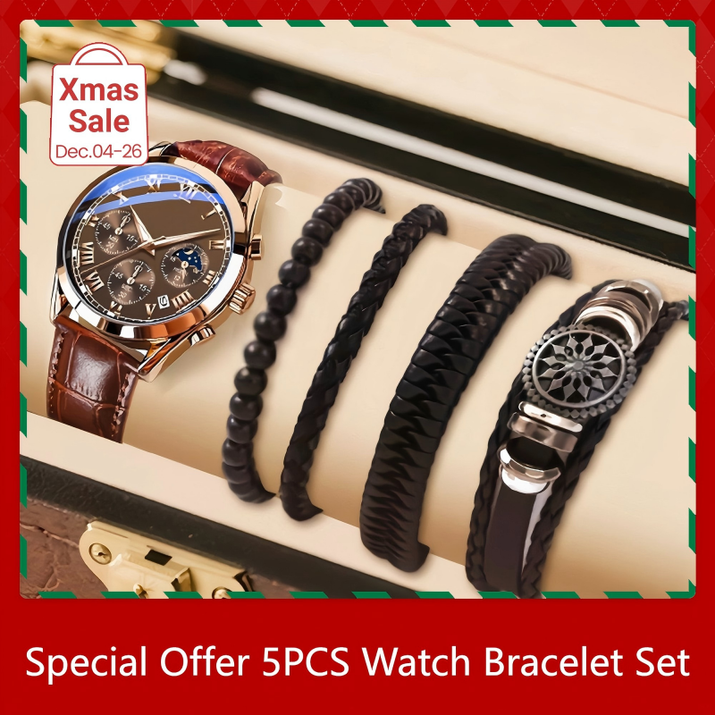 5PCS Men's Watch Set Men's Watch And 4PCS Bracelet Calendar Sports Business Quartz Steel Strip Watch Men's Sports Watch Men's Wrist Watch Three Eyelid Strap Watch Bracelet Set For Daily Wear