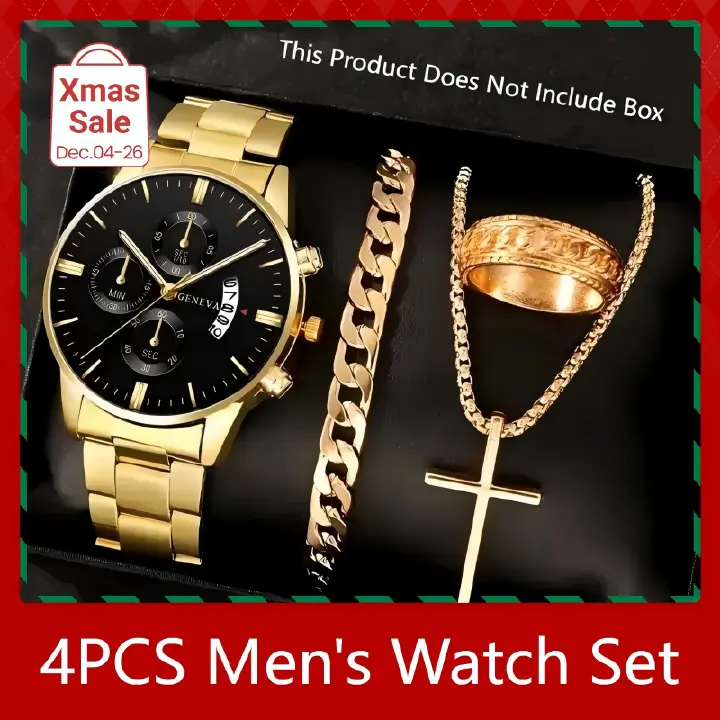 4PCS Men's Watch Set ExquisiteTitanium Steel Thickened Chain Set Cuban Bracelet Snake Bone Necklace Ring Steel Belt Three Eye Quartz Watch Calendar Not Easy to Fade Daily Wear Leisure Watch