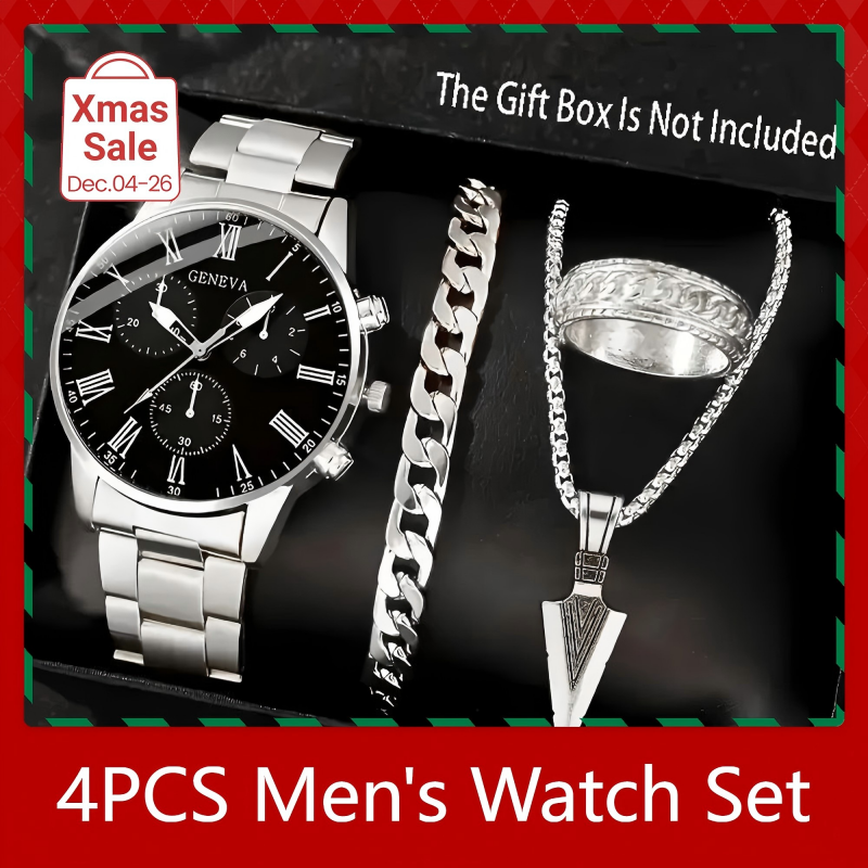 4PCS Men's Watch Set With Jewelry Steel Belt Cuban Bracelet Snake Bone Necklace Ring Steel Belt Men's Three Eye Quartz Watch Triangle Pendant Jewelry Set For Daily Wear Or As A Gift For Friends