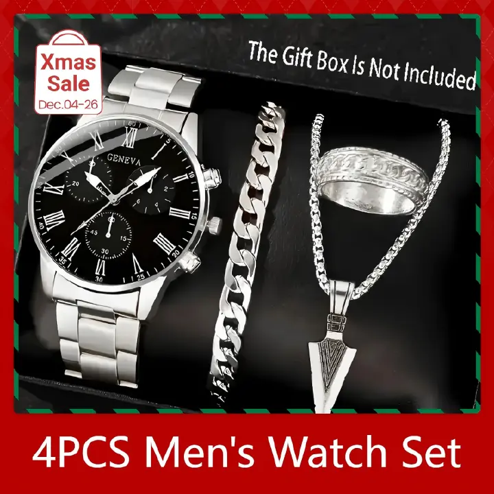 4PCS Men's Watch Set With Jewelry Steel Belt Cuban Bracelet Snake Bone Necklace Ring Steel Belt Men's Three Eye Quartz Watch Triangle Pendant Jewelry Set For Daily Wear Or As A Gift For Friends