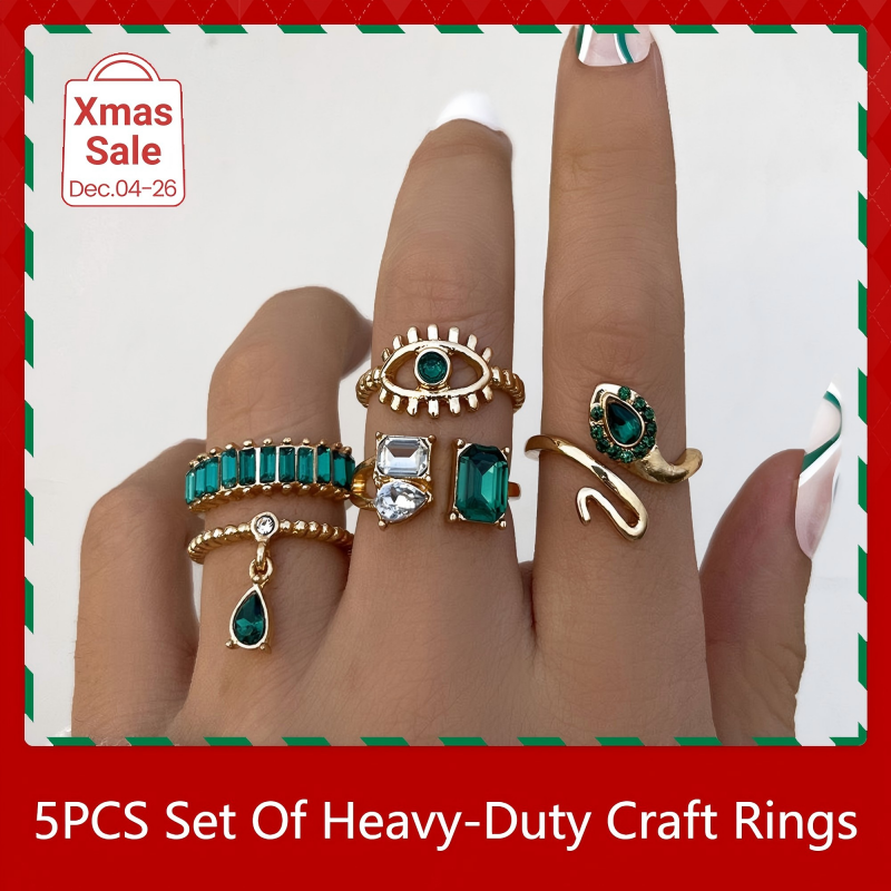 ZHJH 5PCS Rings Set Retro Imitation Gemstone Diamond Serpentine Water Drop Pendant Ring Creative Fashion Joint Ring Alloy Personalized Chain Open Ring Full Diamond Adjustable Any Size