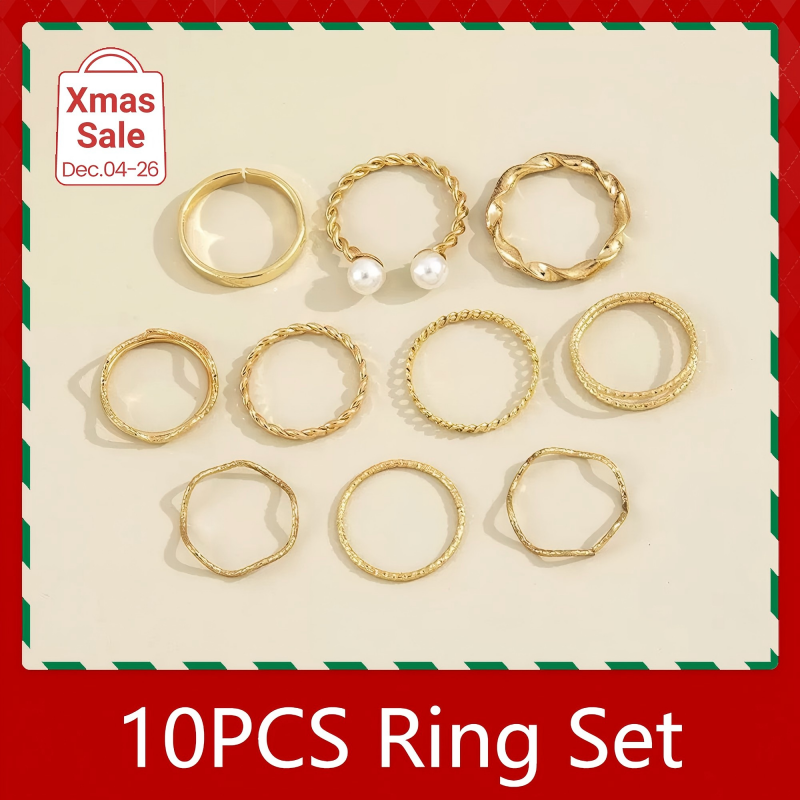 ZHJH 10PCS Ring Set Bohemian Style Inlaid Pearl Joint Ring 8-character Geometric Hollow Design Combination Ring Set Daily Wear Festival Set