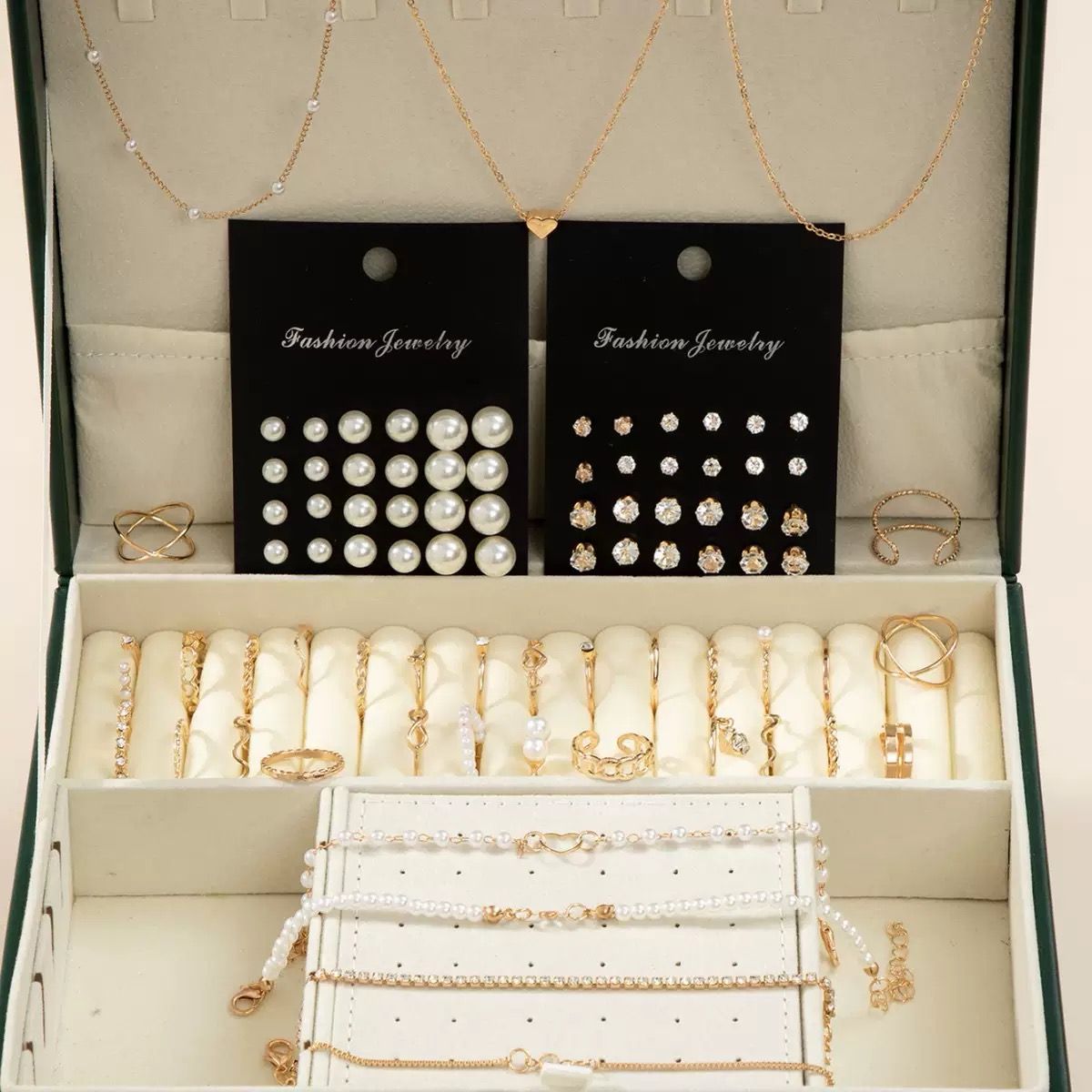 83pcs/Set Elegant Pearl Earrings Multi-Layered Necklace Ear Studs Rings 4-In-1 Jewelry Set For Women Daily Wear Gift (No Box)