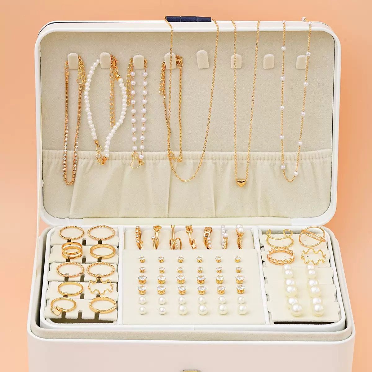 83pcs/Set Elegant Pearl Earrings Multi-Layered Necklace Ear Studs Rings 4-In-1 Jewelry Set For Women Daily Wear Gift (No Box)