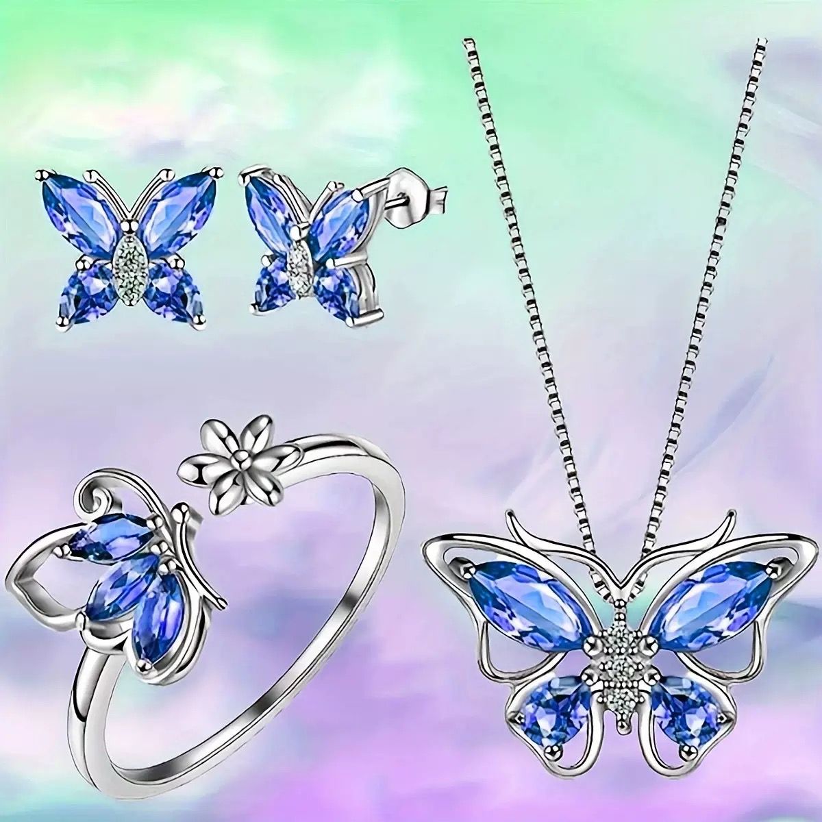Butterfly Jewelry Set for Women Ladies Diamond Necklace Ring Bracelet Suit