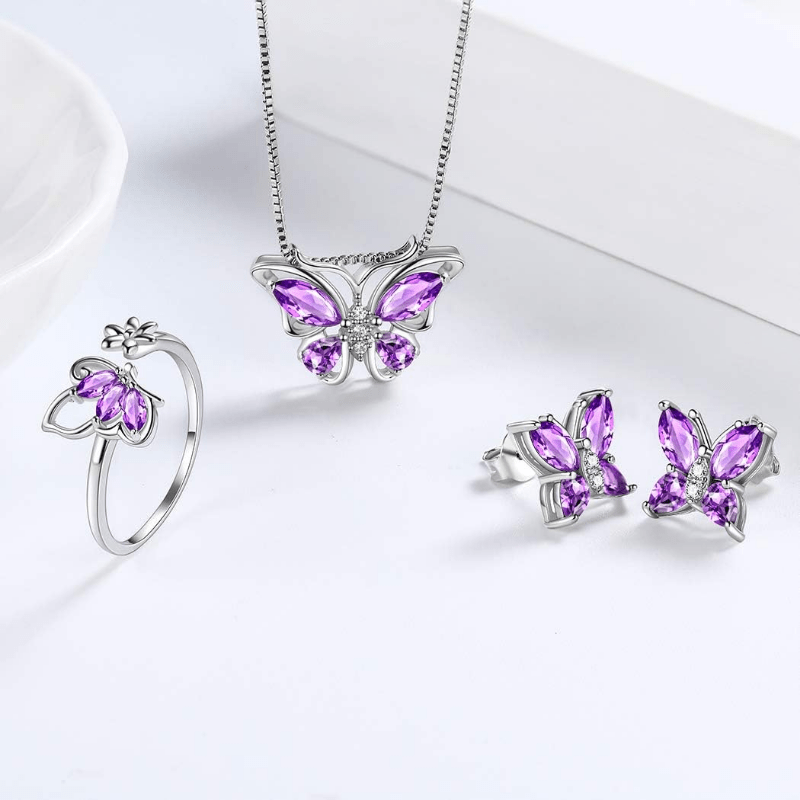 Butterfly Jewelry Set for Women Ladies Diamond Necklace Ring Bracelet Suit