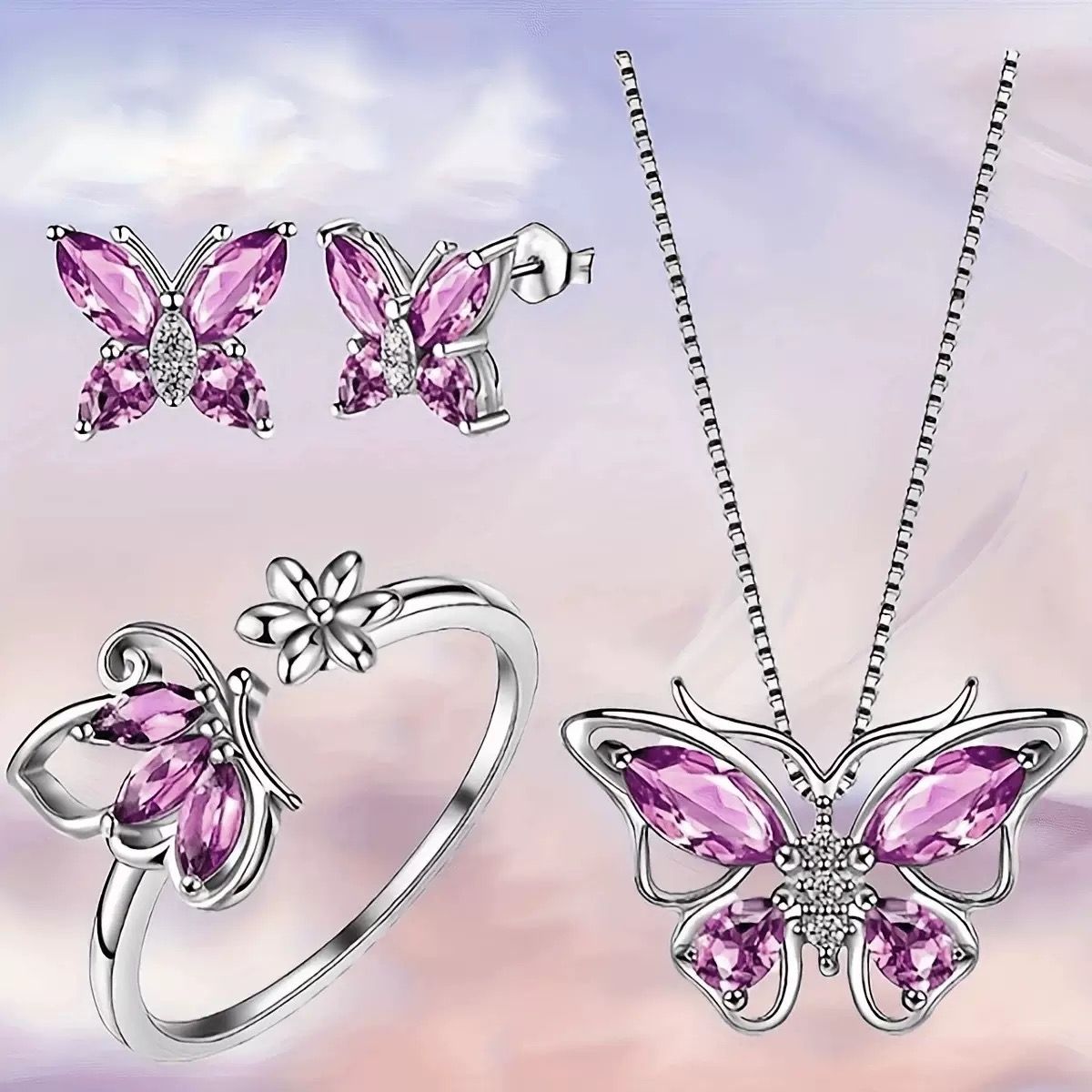 Butterfly Jewelry Set for Women Ladies Diamond Necklace Ring Bracelet Suit