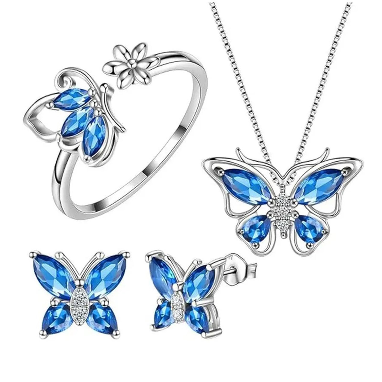 Butterfly Jewelry Set for Women Ladies Diamond Necklace Ring Bracelet Suit