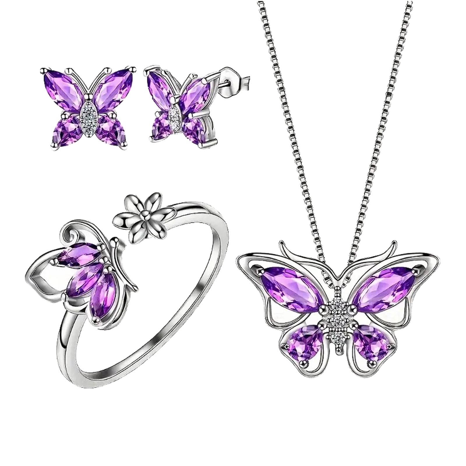 Butterfly Jewelry Set for Women Ladies Diamond Necklace Ring Bracelet Suit