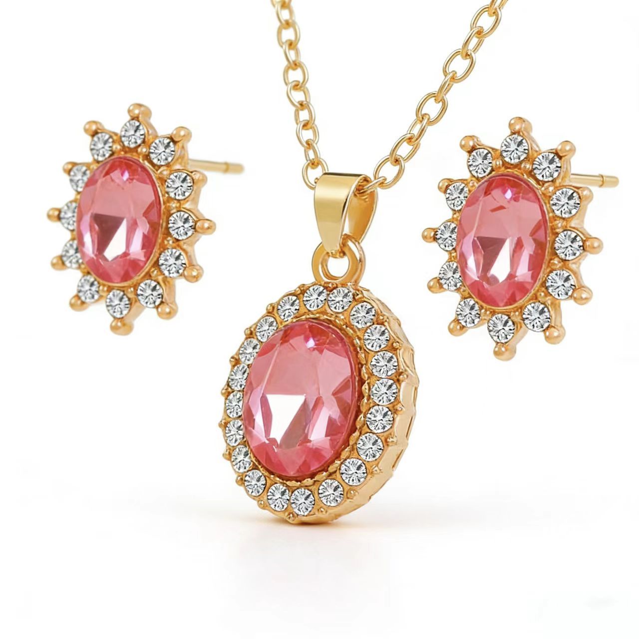 3PCS Women's Jewelry Set Pink Sun Crown Pendant Necklace Sun Crown Earrings Fashion Diamond Pendant Earrings Necklace Women's Daily Jewelry Gifts for Girlfriend