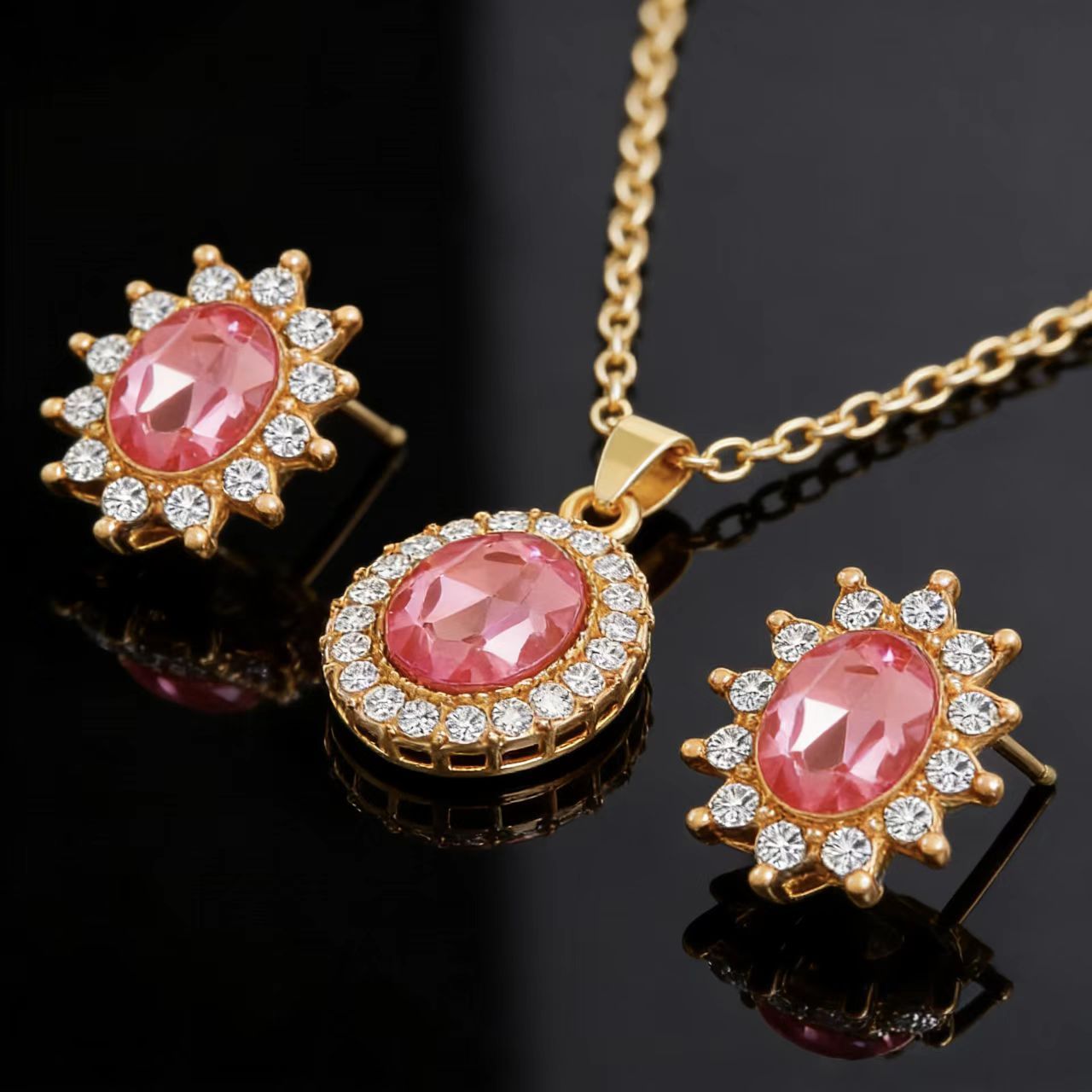 3PCS Women's Jewelry Set Pink Sun Crown Pendant Necklace Sun Crown Earrings Fashion Diamond Pendant Earrings Necklace Women's Daily Jewelry Gifts for Girlfriend