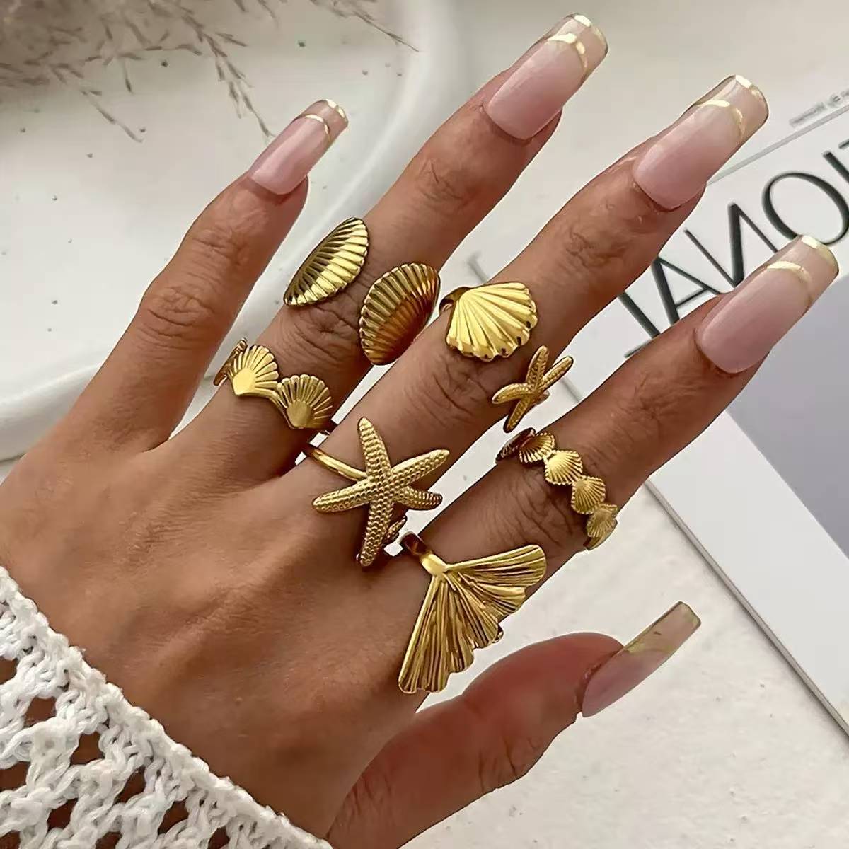 6Pcs Set Starfish Shell  Ginkgo Leaf Gold Ring Bohemian Style Adjustable Open Ring Vintage Style Fashion Women Stackable Exaggerated Jewelry Set For Daily Use Party Nightclub Beach Trip Summer Vacatio