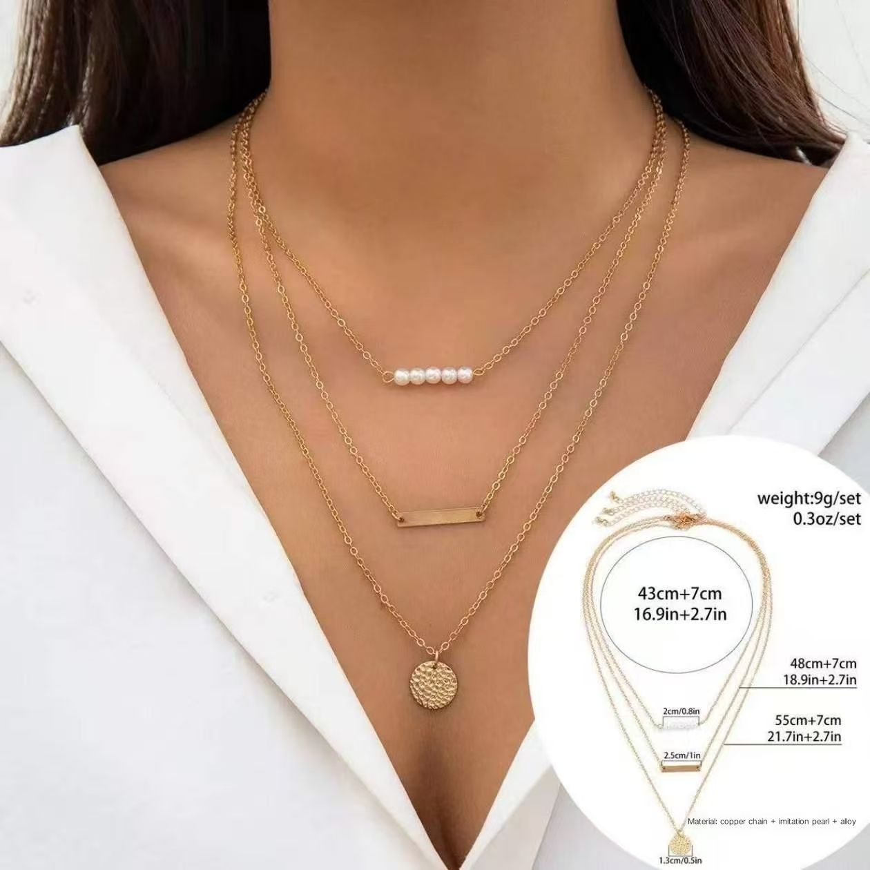 3 PCS Fashion Woman Pearl Necklaces Pendants 3 Trend Multilayer Metal Pendant Clavicle Chain Jewelry Gift Necklaces Best