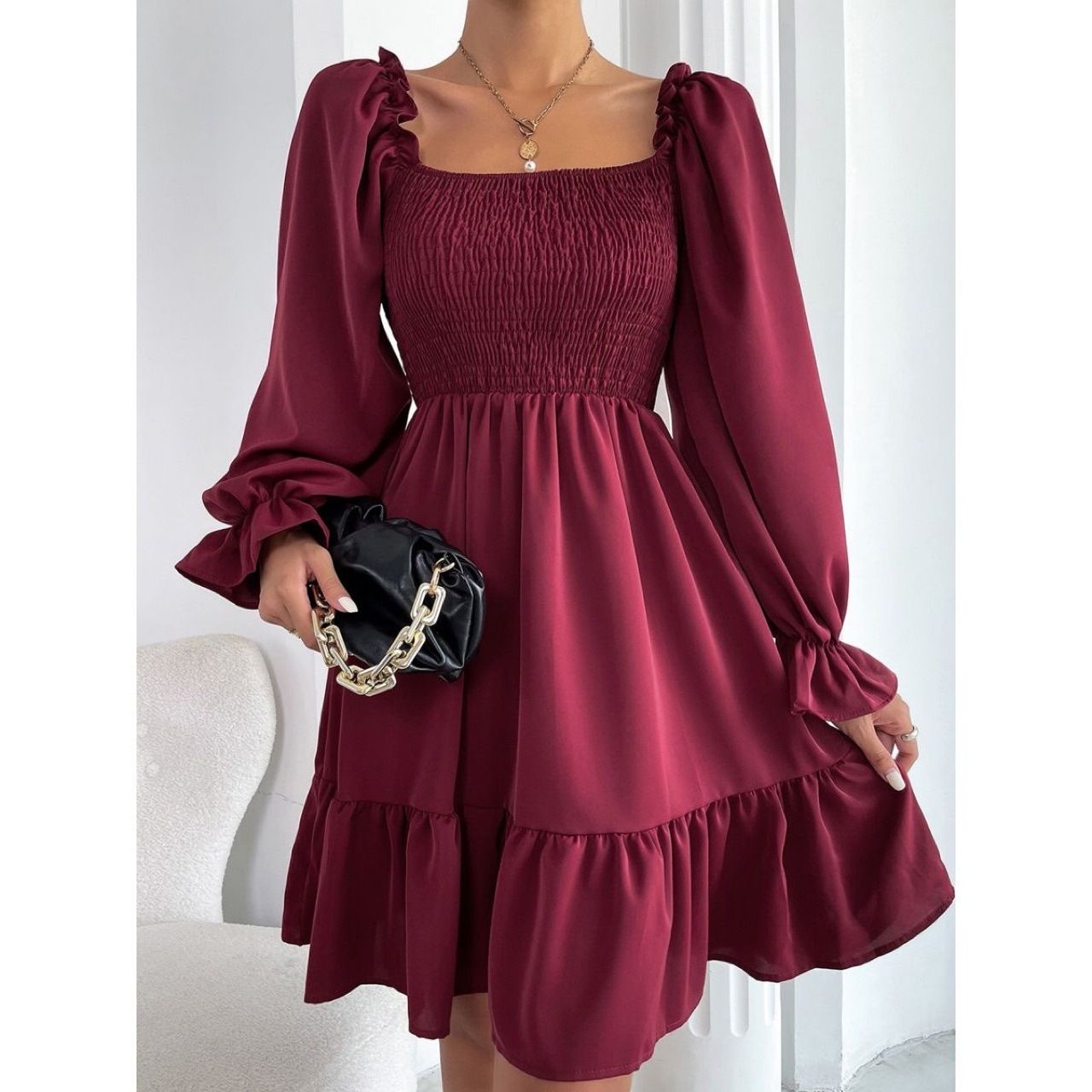 Women's Long Sleeve Ruffle Boho Short Dress