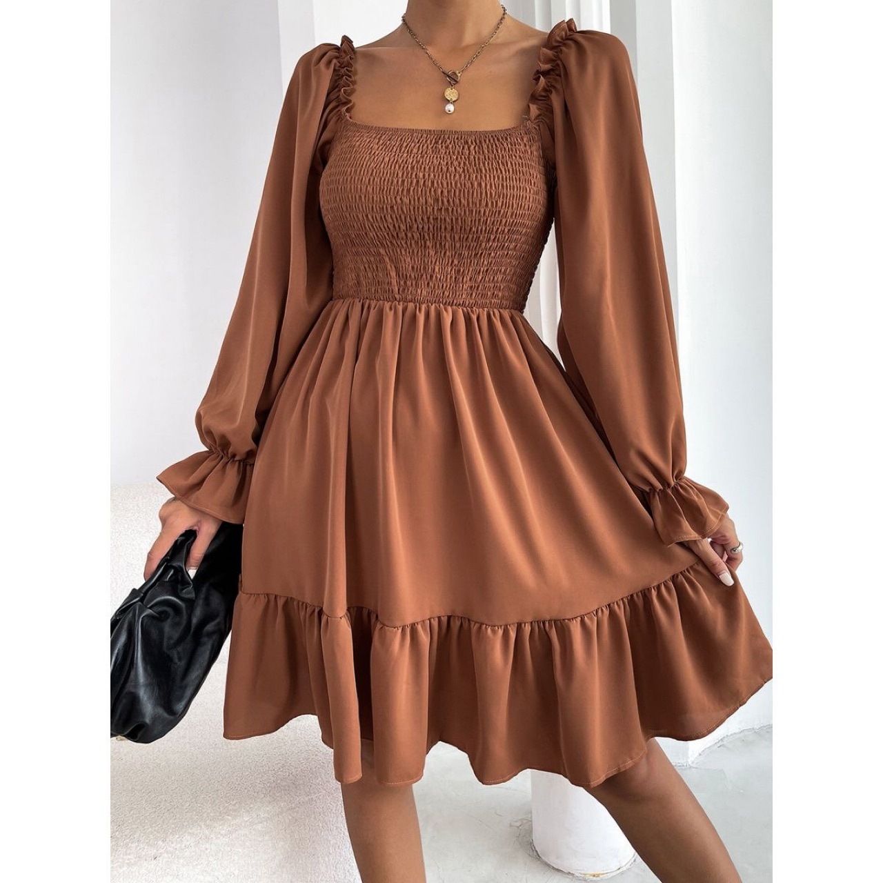Women's Long Sleeve Ruffle Boho Short Dress