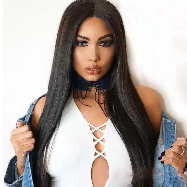 FRANK Ladie Long Straight Hair Synthetic Middle Part Black Wigs For Women Gift