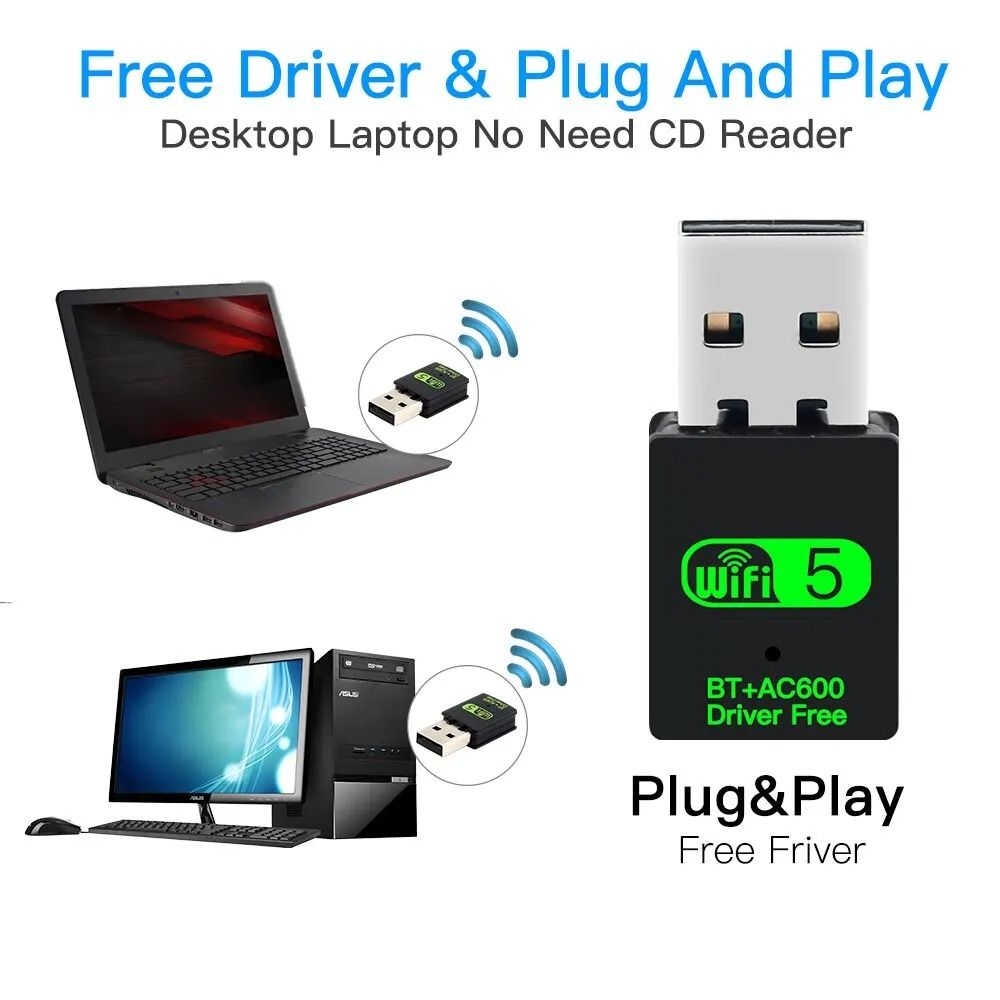 Wi-Fi 5 /Wi-Fi 4 600Mbps/150Mbps USB WiFi Bluetooth WiFi Adapter 2in1 Dongle Dual Band 2.4G 5GHz USB Network Wireless Wlan Receiver DRIVER FREE