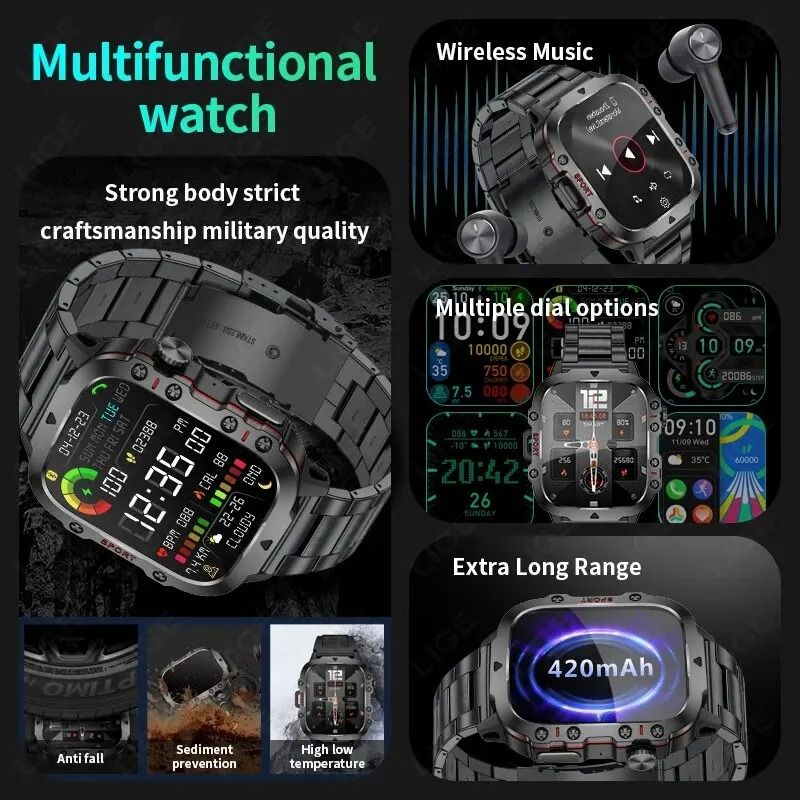 2025 New LIGE QX11 Smart Watches 1.96 Inch Screen 420 MAh Bluetooth Call Voice Assistant Smart Watch Sports Fitness Waterproof Smartwatches For Men