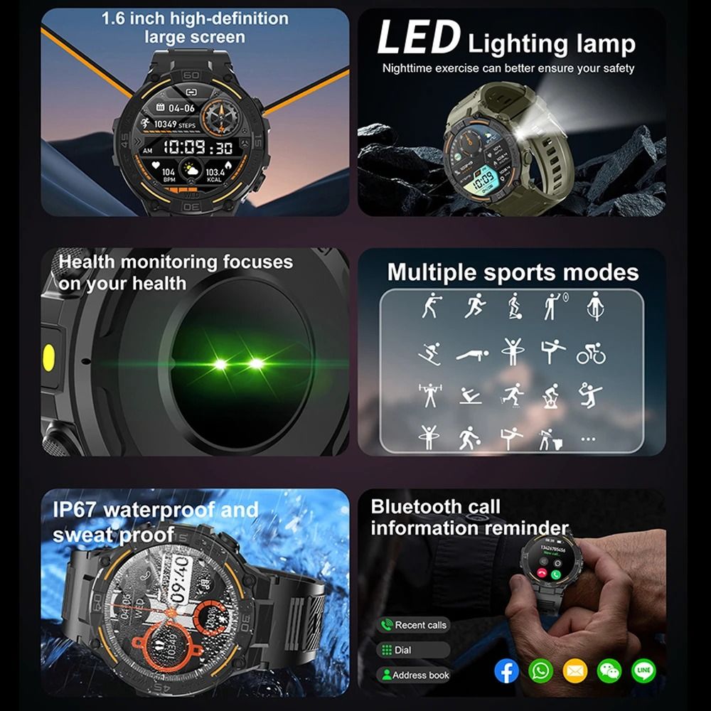 HW50 Smart Watches 1.6 Large Screen Bluetooth Calling LED Light Lamp AI Voice Health Monitoring Men Outdoor Sports Smartwatches